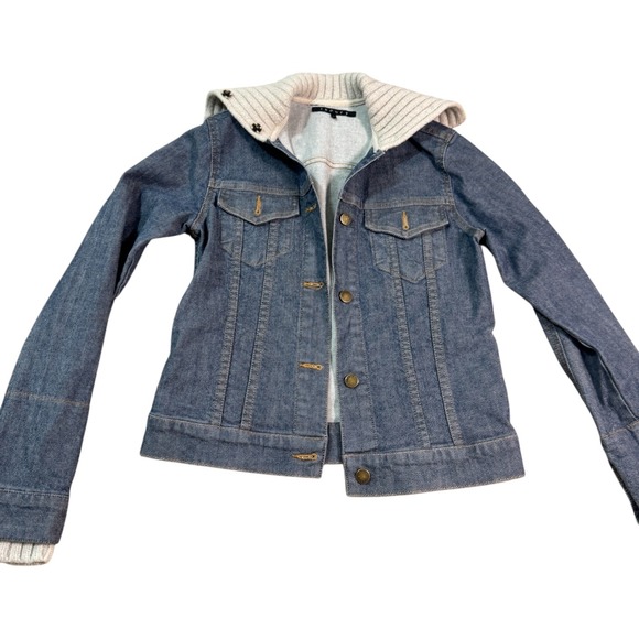 Theory Denim Jacket Womens Small Blue Knit Collar Jean Coat - Picture 1 of 6